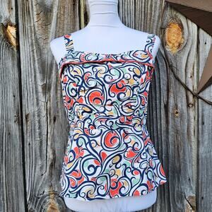 Swirl Print Tank CAbi Keepsake Cami Size 6 Cotton White Orange Zip Smocked Back